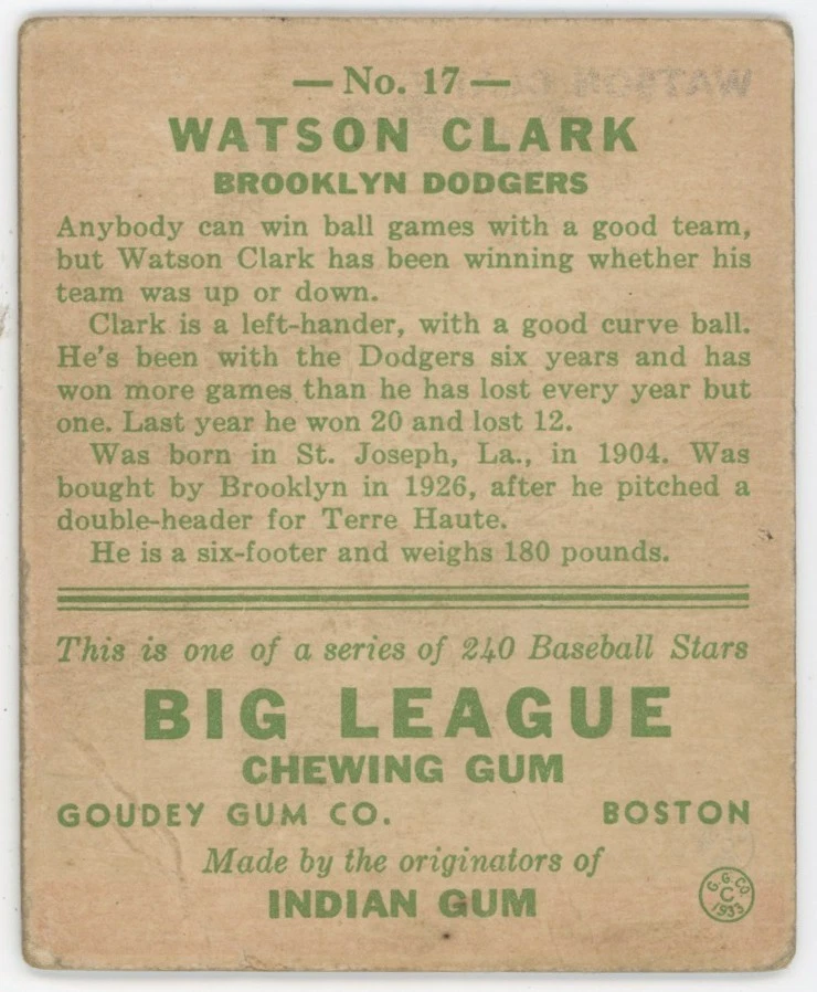 Goudey #17 Watson "Watty" Clark 1933 - Brooklyn Dodgers - limpio, sin pliegues Foto 2 de 2