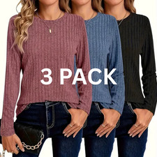 Women's 3-Pack Ribbed Knit Long Sleeve Tee   Slim Fit Crewneck Basic Tops