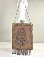 Vintage 1920s Micro Beaded Purse Art Deco Flapper Handbag Ornate Frame Fringe