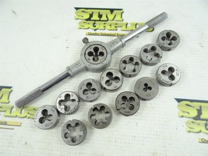 LOT OF 13 ASSORTED HSS ROUND DIES 1" OD #4-40NC to 1/2"-13NC + WRENCH