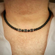 Mens Boho Necklace Natural Lava Stone Wood Beads Surfer Handmade Choker