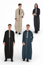 Herren Kapuze Marokkanische Stickerei Djellaba Islamische Jubba Robe Eid Ramadan Thobe