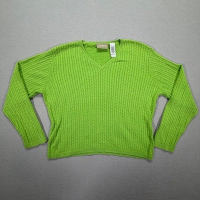 Liz Claiborne Sweater Womens XL Good Lime Green Cable Knit V-Neck Cotton