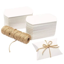 100 Pack Kraft Pillow Boxes Set with 100ft Jute Twins for Wedding Party Favor