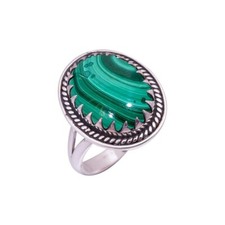 Handmade Sterling Silver Malachite Gemstone Ring, Oval Green Gemstone 12x16mm 02