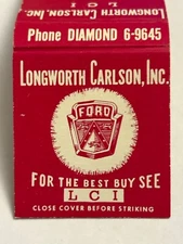 Longworth Carlson Inc Ford Sales Service Matchbook Cover Fiat Cars Connecticut