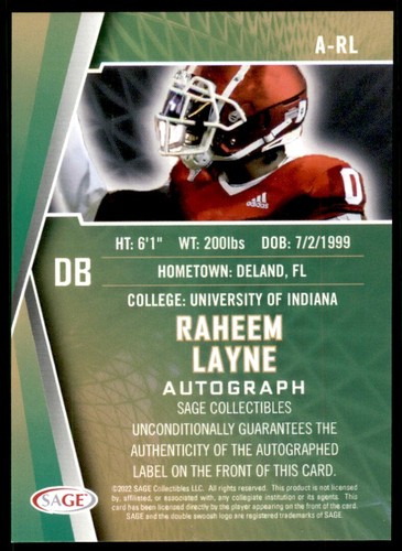 Raheem Layne 2022 SAGE HIT Draft Rookie Autograph Card Auto #A-RL - Picture 2 of 2