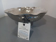 Aman Home Collection Silver Pedistal Serving Bowl, Hammered Look, Scalloped, New