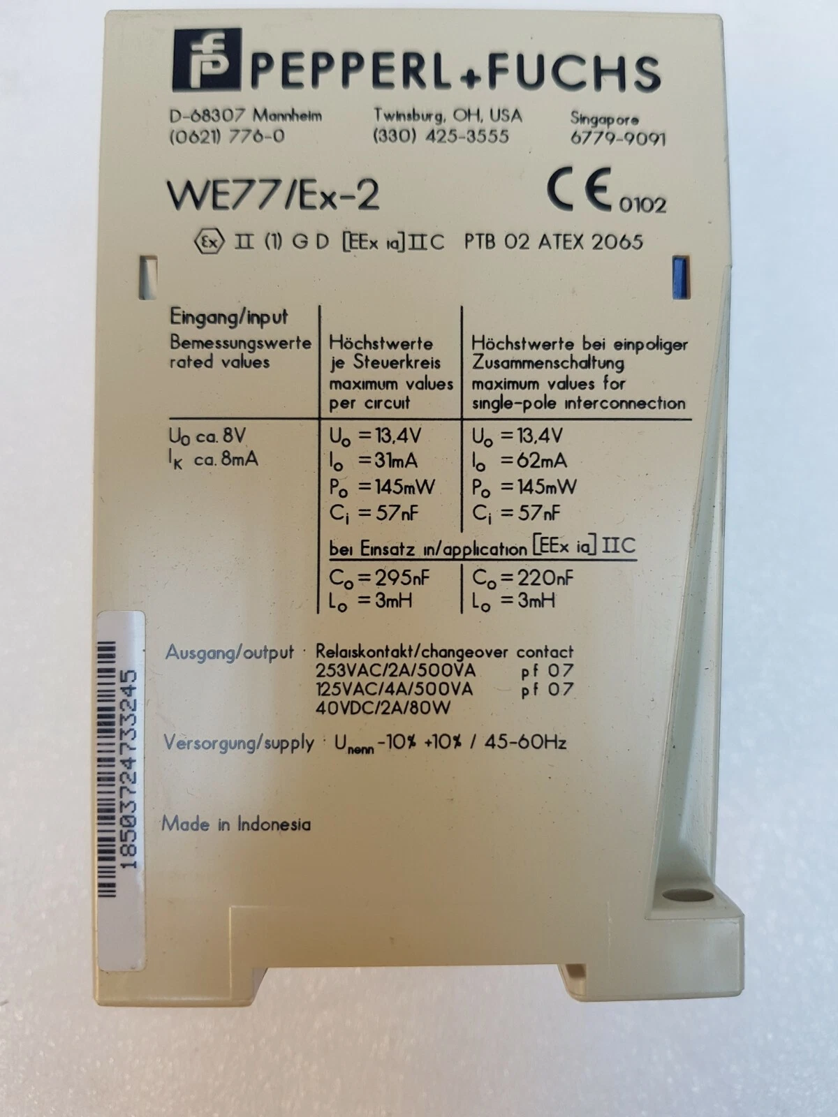 Side label of the WE77/Ex-2: PTB 02 ATEX 2065, EEx ia IIC, input and relay output ratings