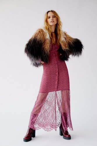 NWT FREE PEOPLE X NIGHTCAP Sz S SIENA LONG SLEEVE LACE SHEER BOTTOM GOWN WINE - Picture 4 of 5