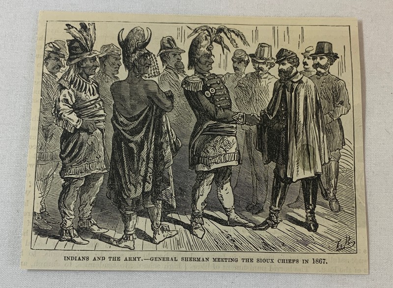 1876 magazine engraving ~ GENERAL SHERMAN MEETING THE SIOUX CHIEFS IN 1867