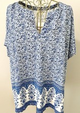 Lucky Brand Peasant Boho Knit Top Blouse Shirt Boho Floral Blue Plus Size 1X