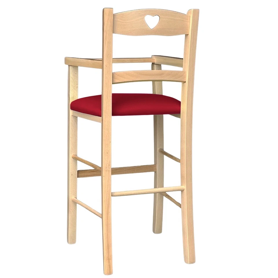 Seggiolone in legno color naturale con seduta imbottita in similpelle rosso - Immagine 2 di 4