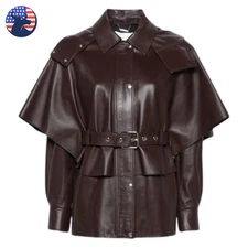 Women's Genuine Brown Soft Cowhide Leather Jacket Vintage Belted Trench Coat