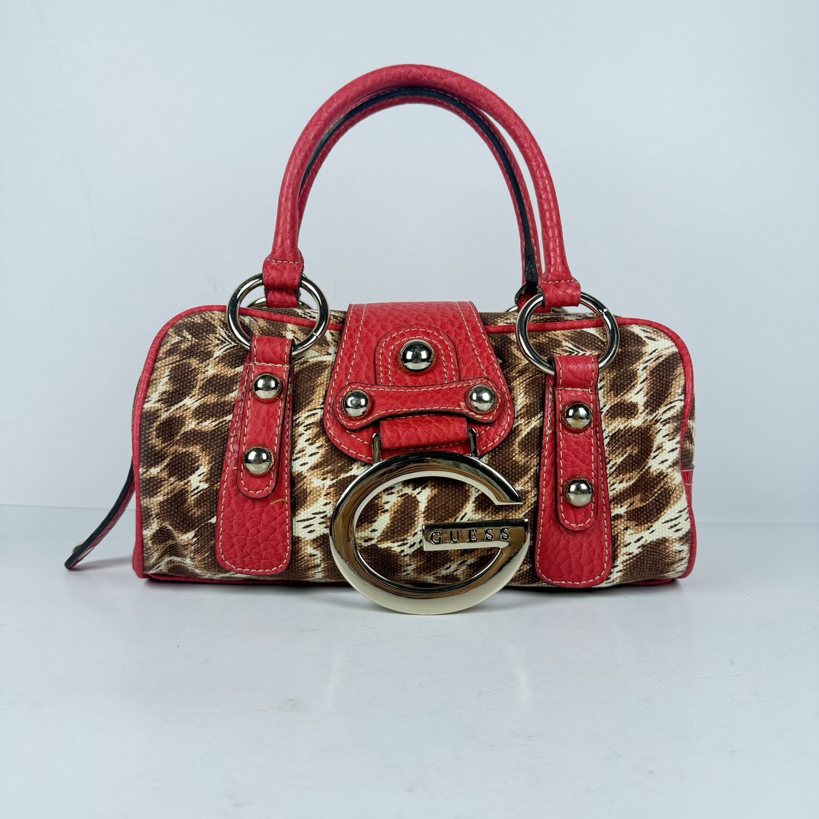 GUESS Mini Boston Satchel Bag Red Leopard Print Animal Gold G Logo Y2K Handbag