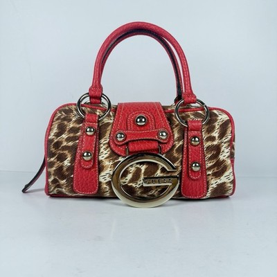 GUESS Mini Boston Satchel Bag Red Leopard Print Animal Gold G Logo