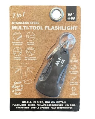 W+W 7-in-1 Stainless Steel Multi-Tool Flashlight with Carabiner   Black