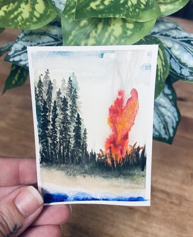 Original Art Painting- lake- woodsy fire camping Water Color Miniature