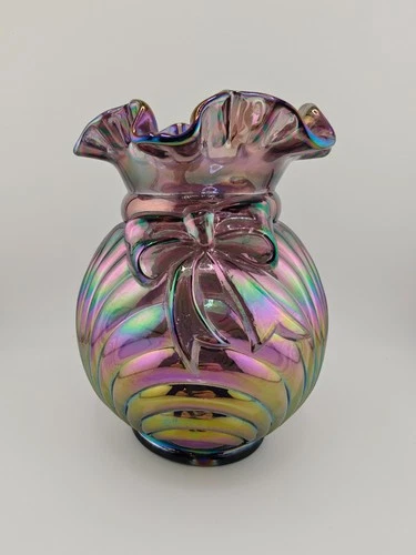 Fenton Purple Amethyst Carnival Glass Swirl Vase Bow Iridescent 7" Ruffled