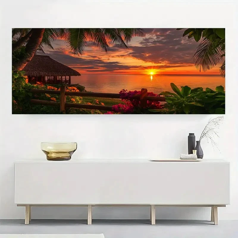 Panoramic Tropical Sunset With Palm Painting Canvas Wall Art Home Décor Picture