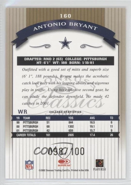 2002 Donruss Classics Timeless Tributes /100 Antonio Bryant #160 Rookie RC - Image 2 of 2
