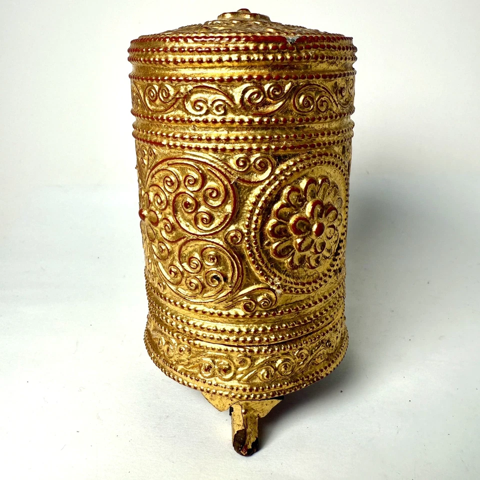 Antique Burmese Betel Box Bamboo And Lacquer Gold Leaf Cylindrical 4” - Image 4 of 4