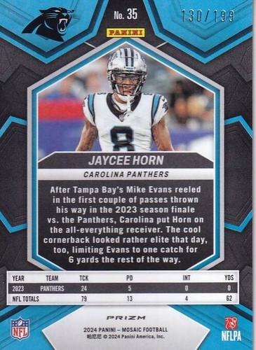 2023 Panini Mosaic - Mosaic Prizm #32 Jaycee Horn /199 - Panthers - Bild 3 von 3