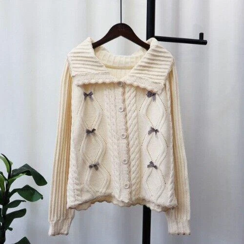 OFF WHITE Cappotto maglione donna fiocco lavorato a maglia cardigans donna autunno sciolto stile morbido