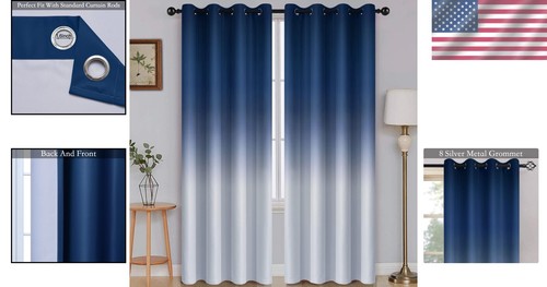 Ombre Room Darkening Curtains - Blue to Grey Gradient Grommet Drapes, 2 Panels - Picture 2 of 10