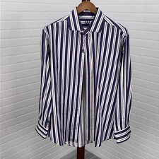 Bugatchi Uomo Shirt Mens Purple Tan Stripe Shaped Fit Cotton Classic Dress Party