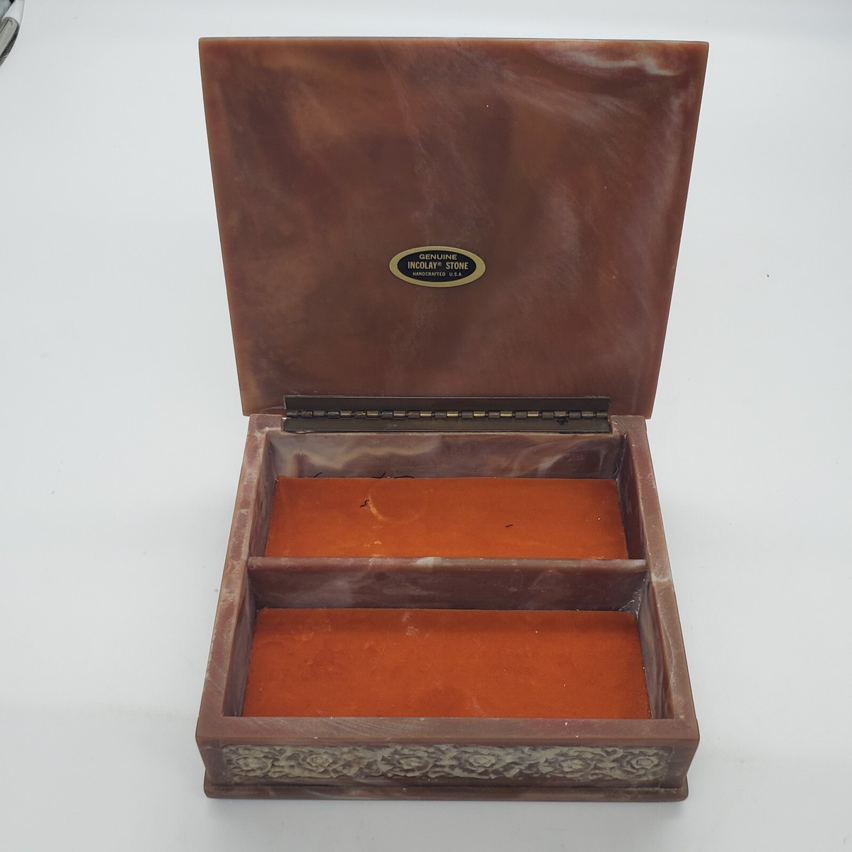 Vintage Incolay Stone Composite Jewelry Box With Tray Cherub