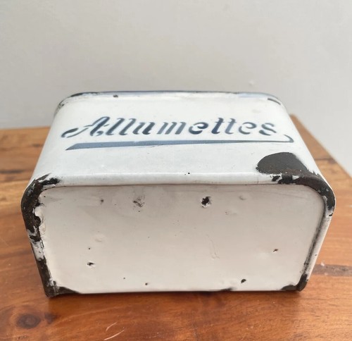 French Enamelware Wall Hung Matches Box Blue White Enamel Allumettes Lidded - Picture 12 of 13