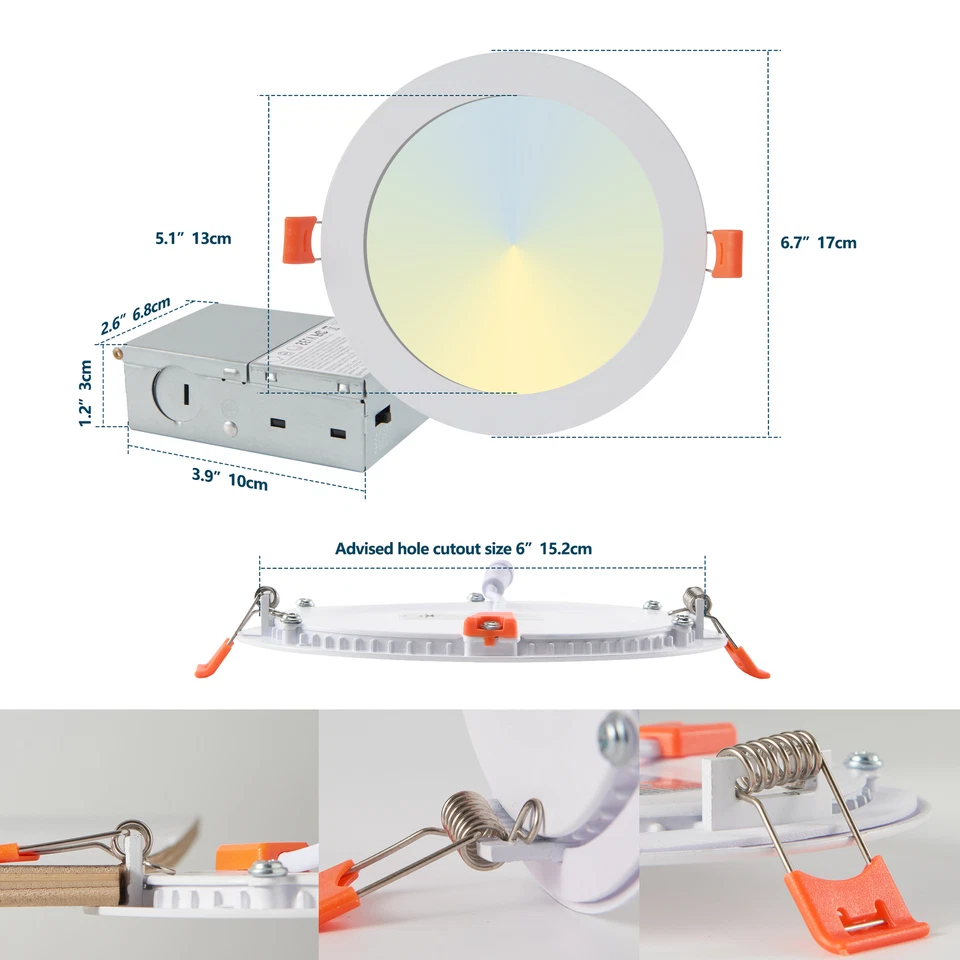 12 Pack 6 Inch 5CCT Recessed Dimmable LED Ceiling Panel Light with Junction Box - Image 3 of 4