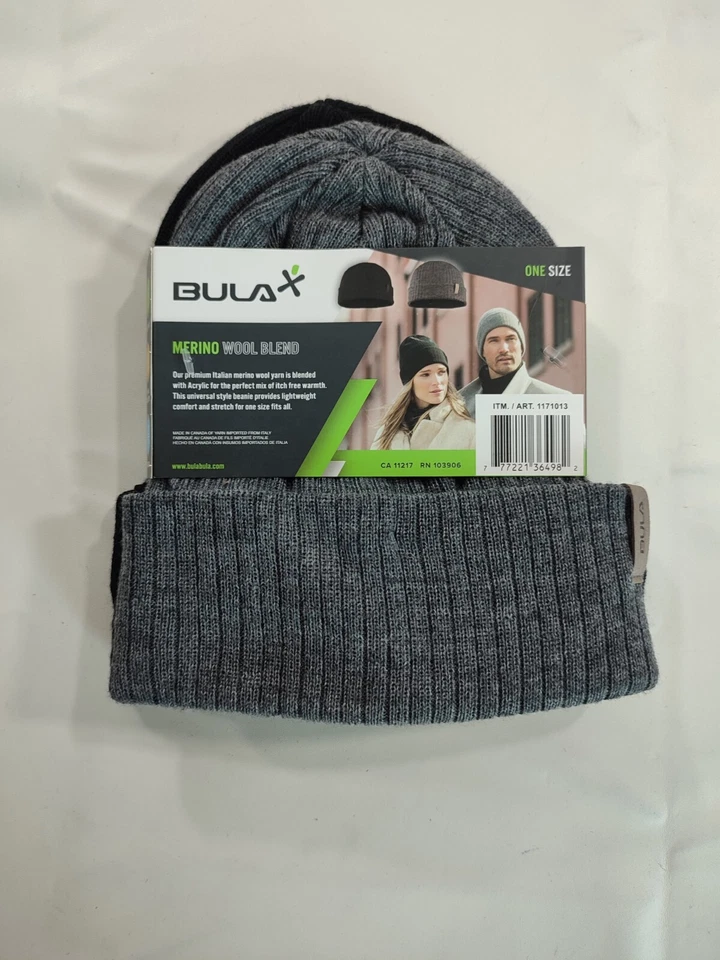 PACK DE 2 GORROS TÉRMICOS NEGROS/GRISES - Unisex Bula Merino Mezcla Lana Sombreros de Invierno Foto 4 de 4