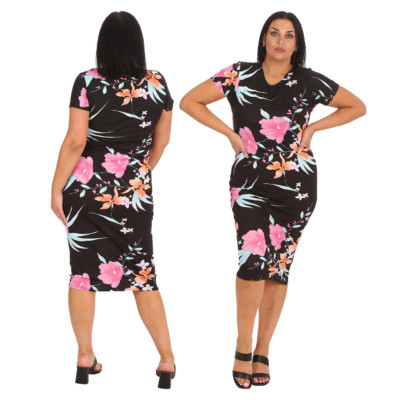 Nouvelle Damen Übergröße schwarz Blumenmuster figurbetont Super Stretch Freizeitkleid