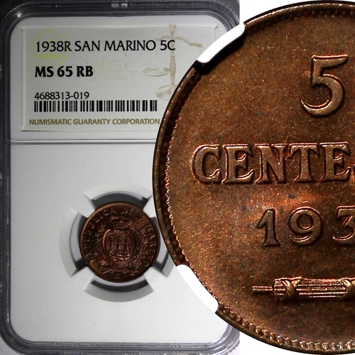 San Marino Bronze 1938 R 5 Centesimi NGC MS65 RB Mintage-200,000 KM# 12 (19)
