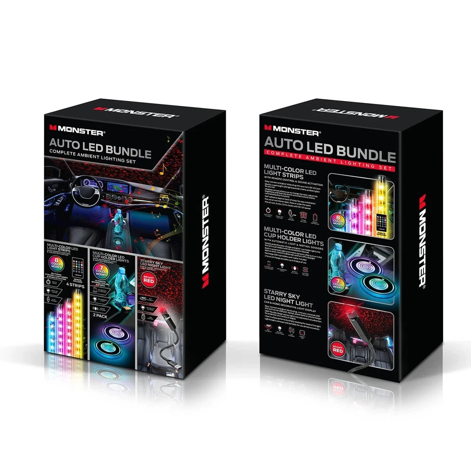 Monster Auto PAQUETE DE LUCES LED VALOR $50 JUEGO COMPLETO DE LUCES AMBIENTALES - NUEVO Foto 3 de 4