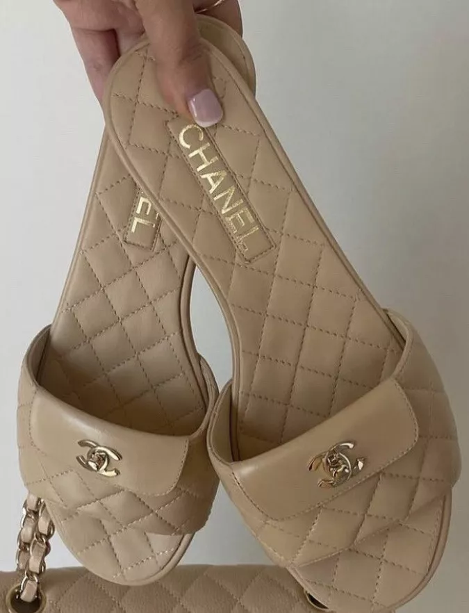 CHANEL Beige Quilted Leather Mule Wedge Platform Sandal Gold CC