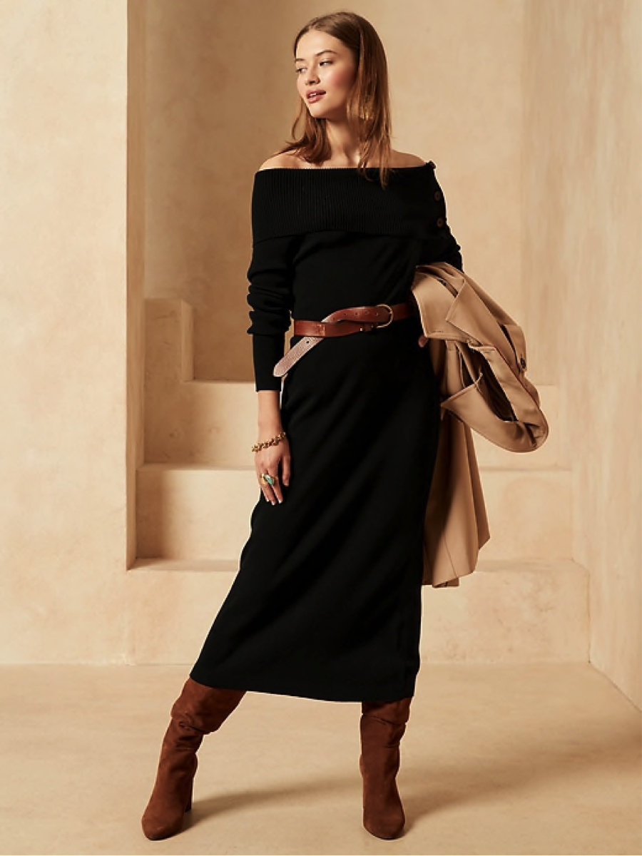 Banana Republic Off the Shoulder Sweater Dress | Black S Tall #787165 NWT
