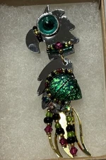 Signed Liztech Parrot Brooch Pin Artisan 1997 Glass Beads Green Bird