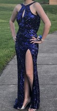 Sherri Hill Blue Sequin Sleeveless Backless Long Gown with Side Slit, Size 0