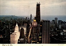 Chicago, skyline, Prudential Building, John Hancock Center, twilight, Postcard