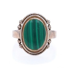 Sterling Silver Malachite Cocktail Solitaire Ring - 925 Oval Cabochon