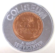 encased 1954-D Penny COLISEUM SERVICENTER Fort Wayne Indiana mt1