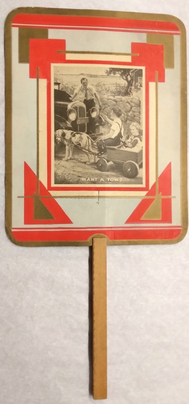 c1940 Hand Ad Fan for Bates Insurance - don't know when you'll need a tow!