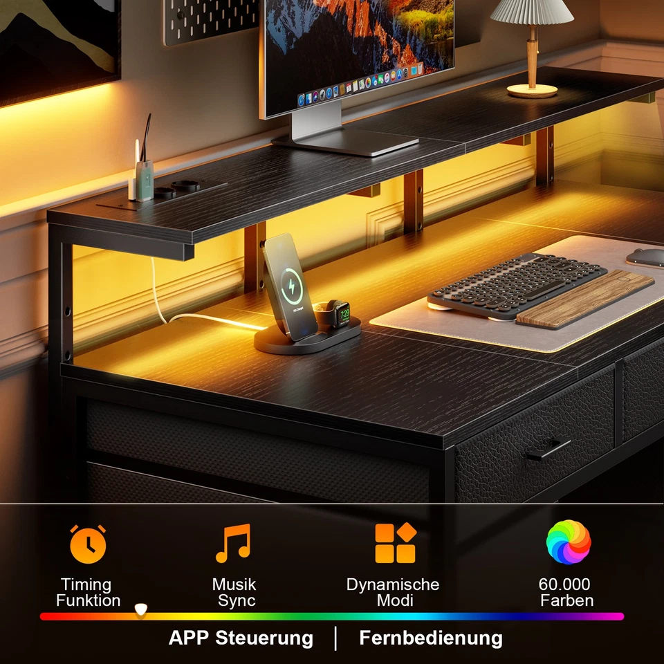 Schreibtisch mit 8 Schubladen & Steckdose, Gaming Tisch mit LED & Monitorständer - Bild 4 von 4