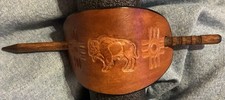 Vintage- Indian Style “Buffalo”Tooled Leather Wooden Stick Hair Barrette!