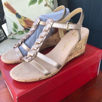 Liz Claiborne NEW Rose Gold Leather Gladiator Cork Wedge Sandals Women's Size 10