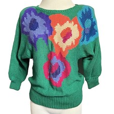 Jimmy Garcia RARE 1990s Women  s Medium Dolman Green Floral Short Sleeve Sweater