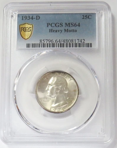 1934 D SILVER USA WASHINGTON QUARTER 25C HEAVY MOTTO COIN PCGS MS 64